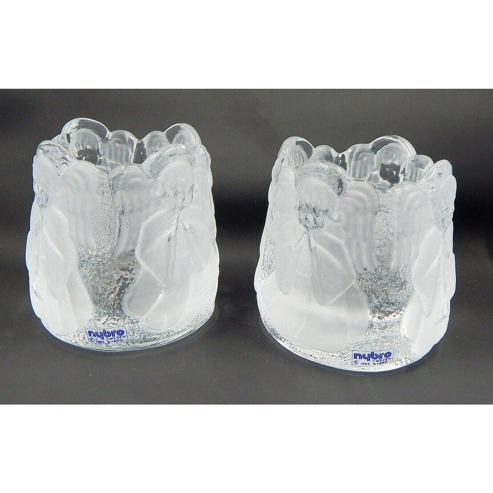 Nybro Four Angel Crystal Candle Votive Holder 1985 Sweden Set of 2
